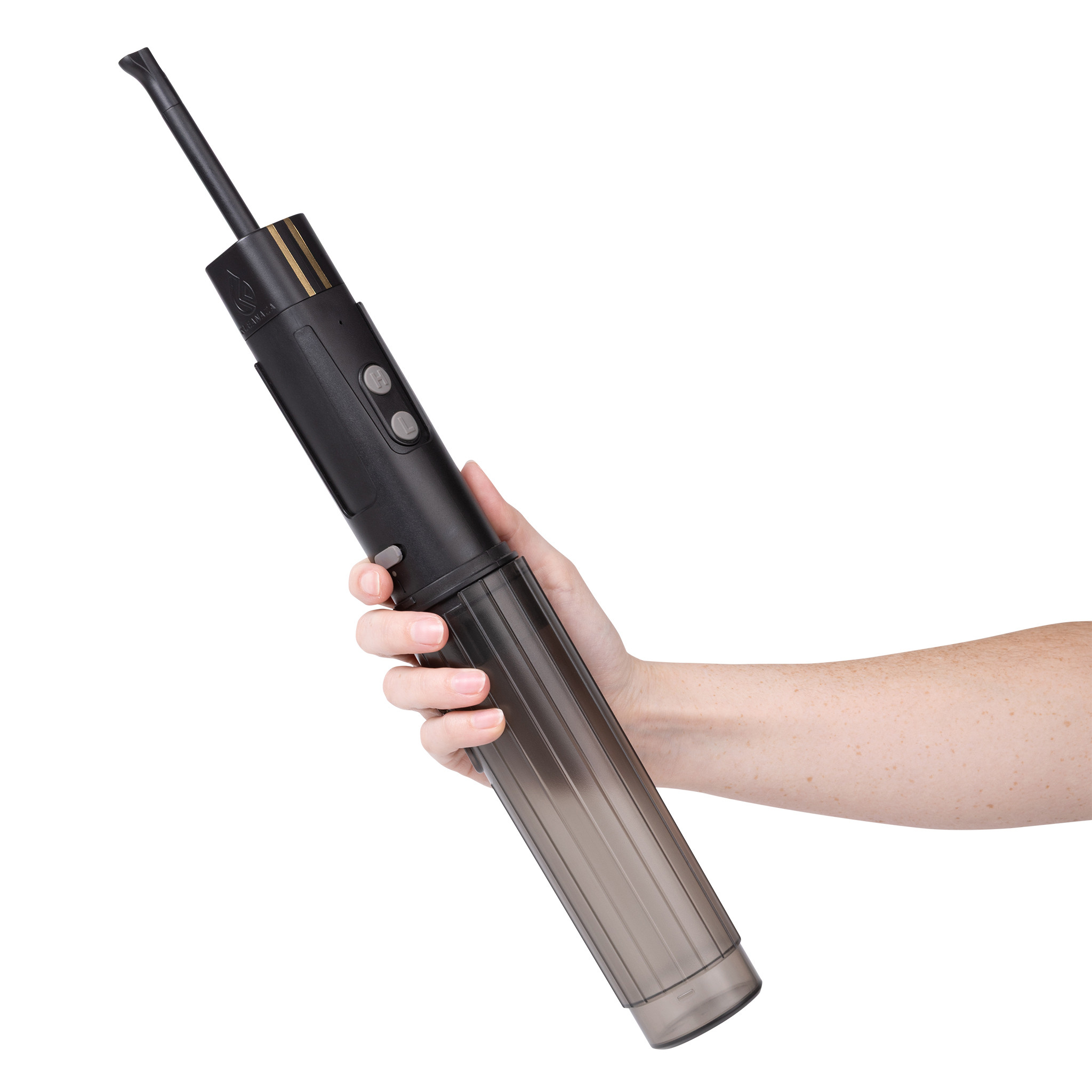 Kleanaza bidet held in one hand, nozzle extended